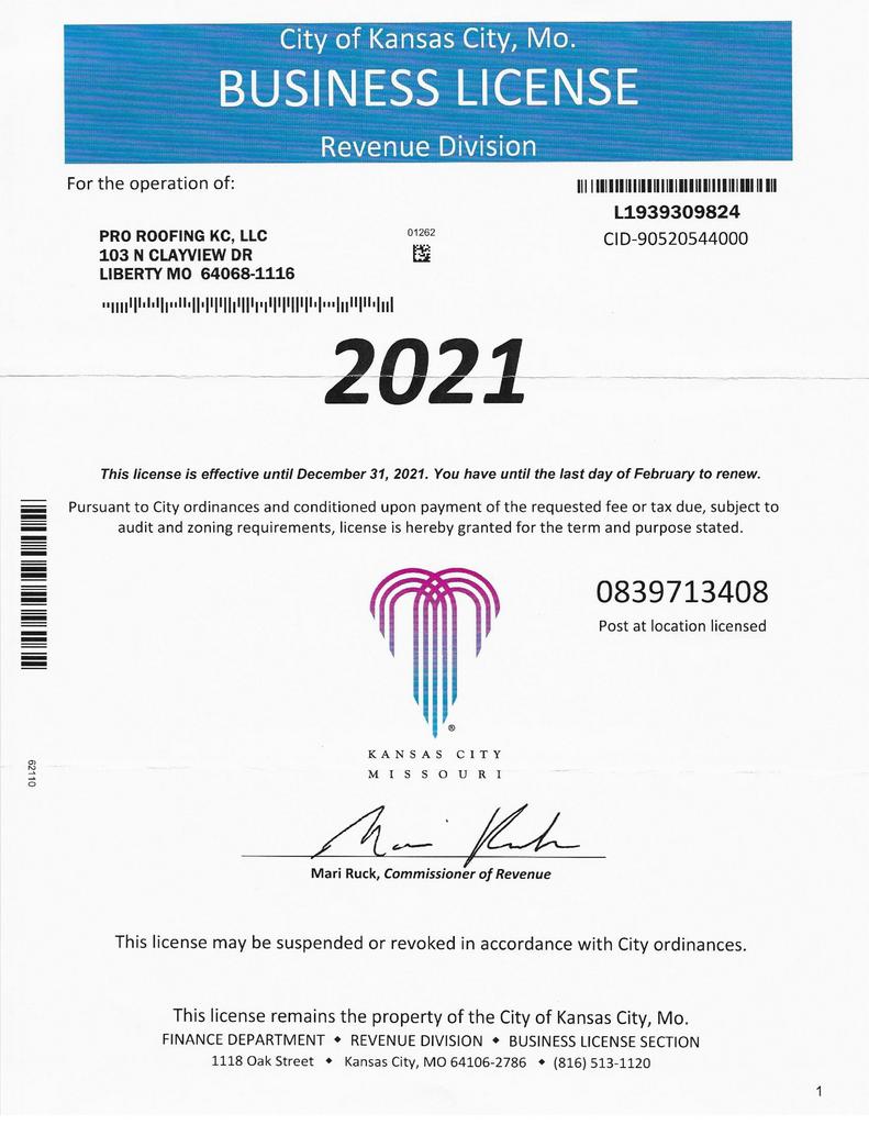 Pro Roofing KC License