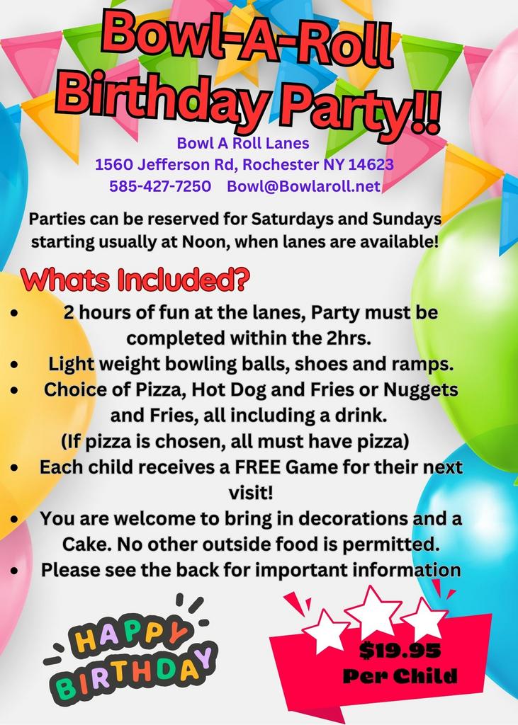 BIRTHDAY PACKAGE BowlARoll Lanes Bowling Alley in Rochester, NY